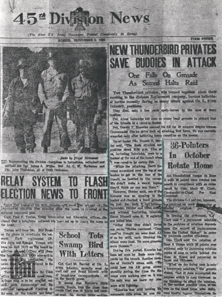 ASV armijas 45. kājnieku divīzijas frontes avīzes "45th Division News"  izgriezums ar rakstu par Aivara Kārļa Salenieka varonību kaujā. Koreja, 1952. gada 2.  novembris
